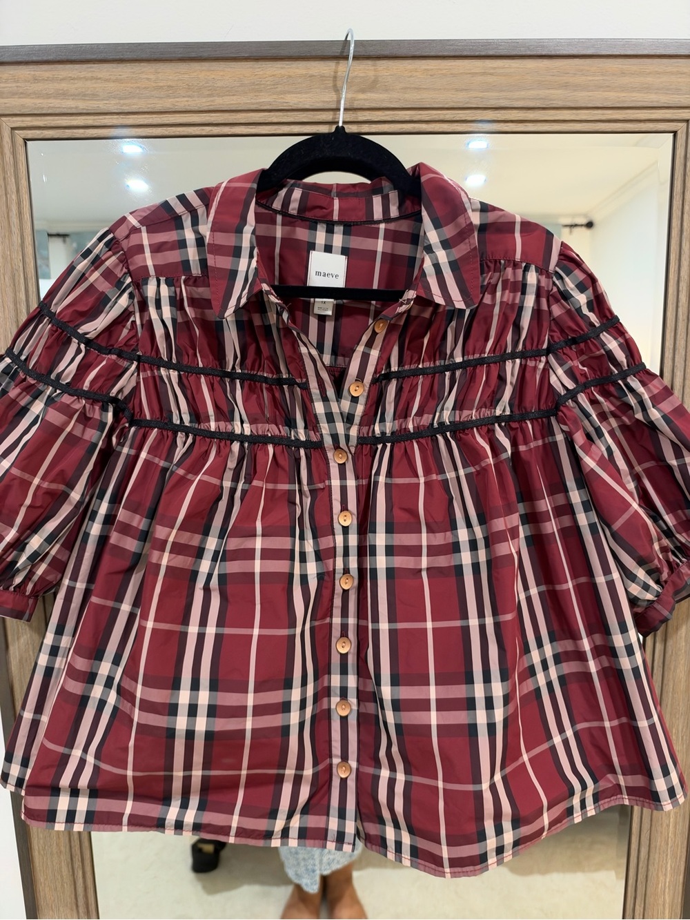 Anthropologie Maeve Leandra Yoked Blouse Size 1X Red Plaid Holiday